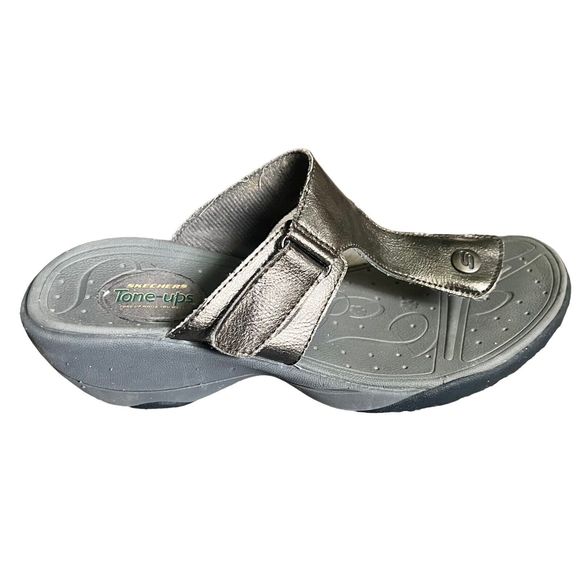 Skechers Womens Sz 7 Tone Ups Flip Flop Thong Sandals Pewter Wedge Heel - Picture 1 of 7